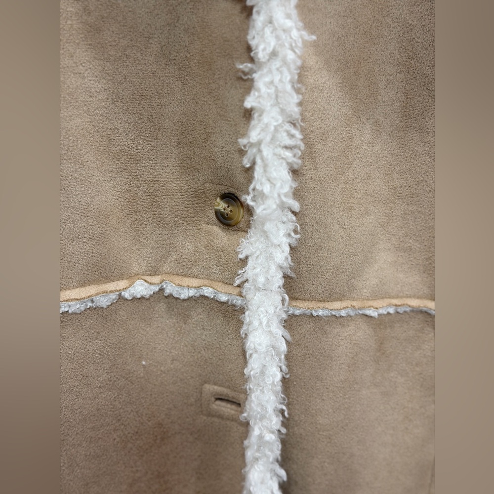SOLD - Forever 21 Faux Suede & Shearling Coat Tan Size L | Long Sherpa-Lined - Picture 3 of 7